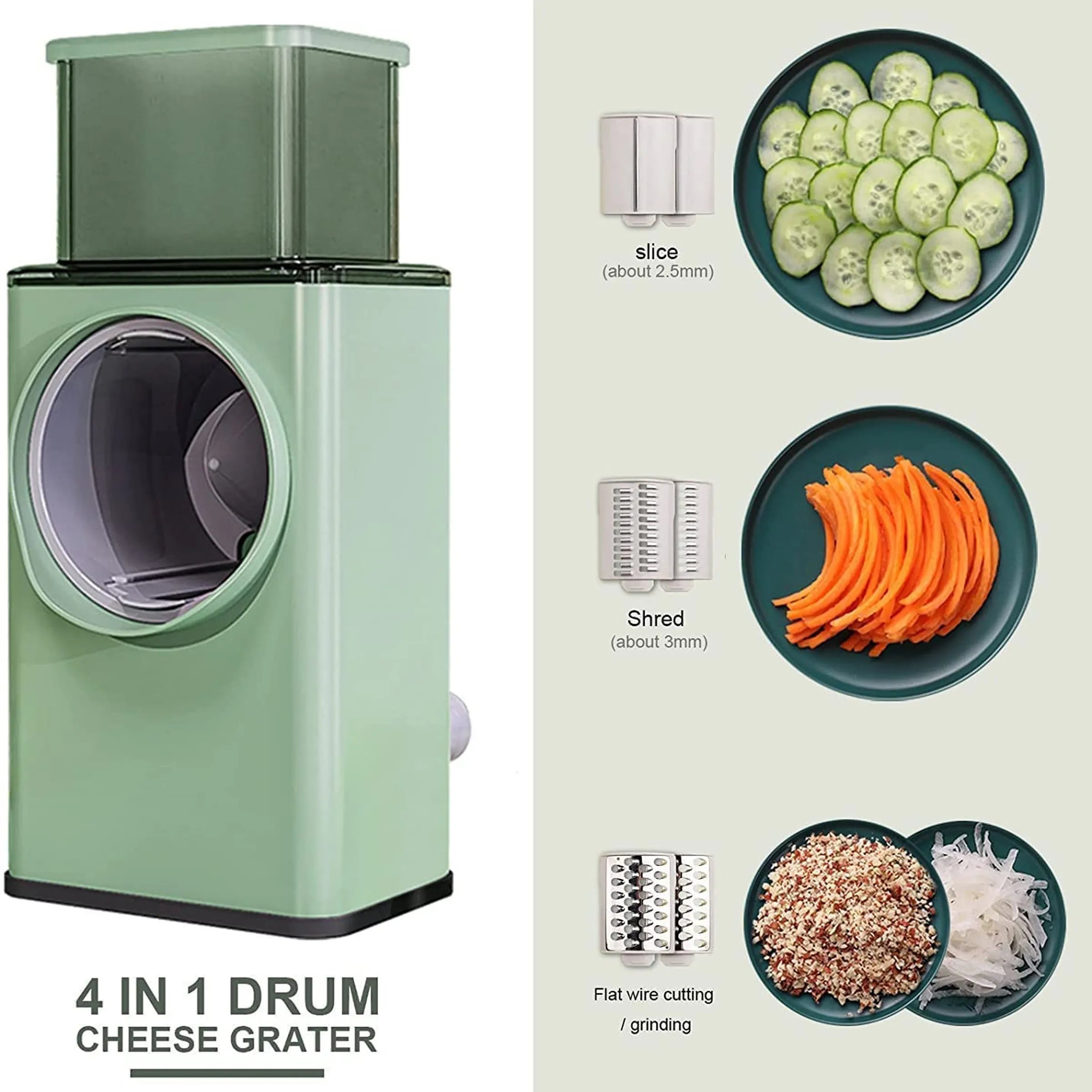 A 4-in-1 drum cheese grater in sage green shown on the left, with usage examples on the right: sliced cucumbers, shredded carrots, and flat wire cutting/grinding. Text reads '4 IN 1 DRUM CHEESE GRATER'.