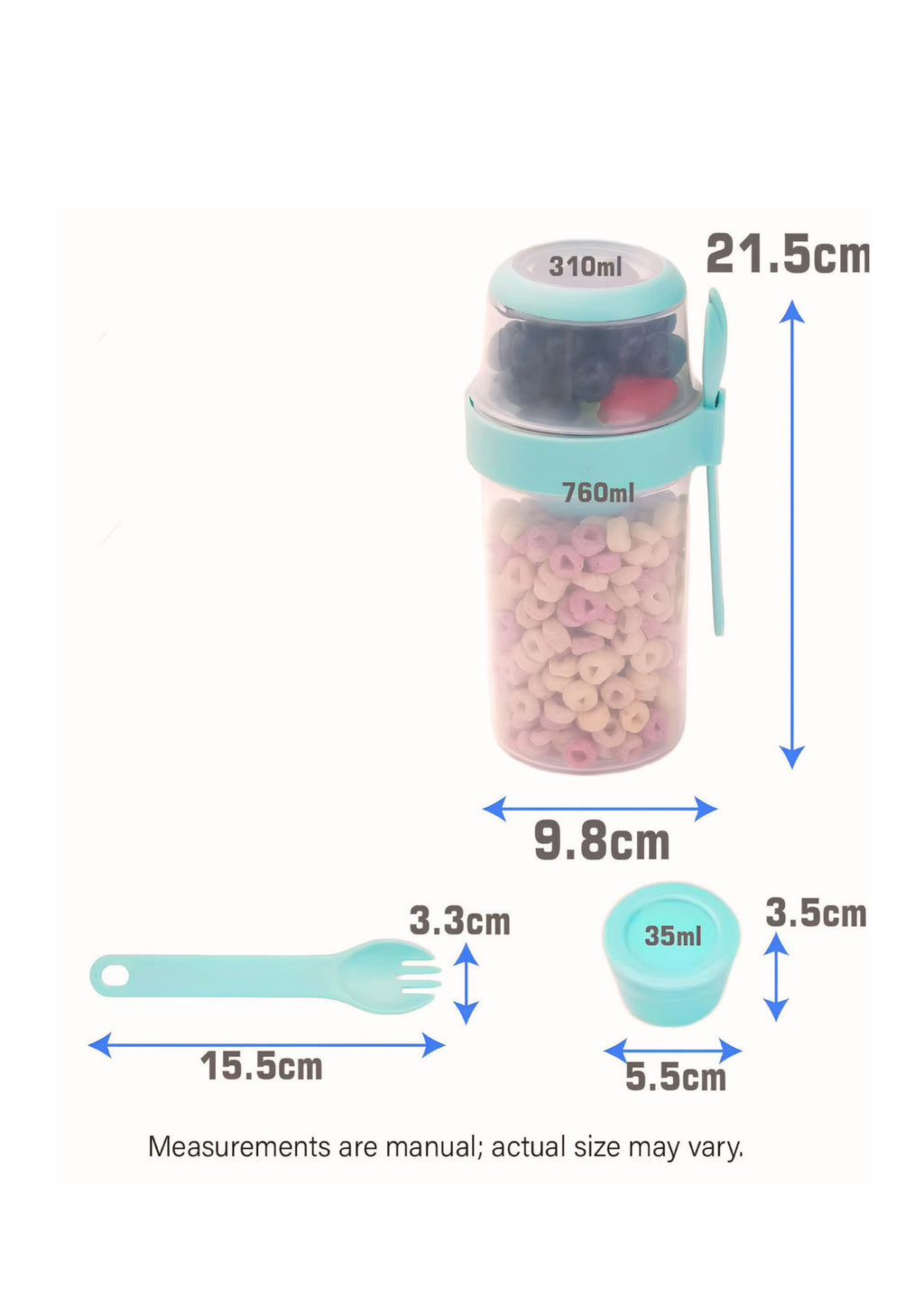 Dimensions and capacities of the two-way salad container, dressing cup and reusable fork