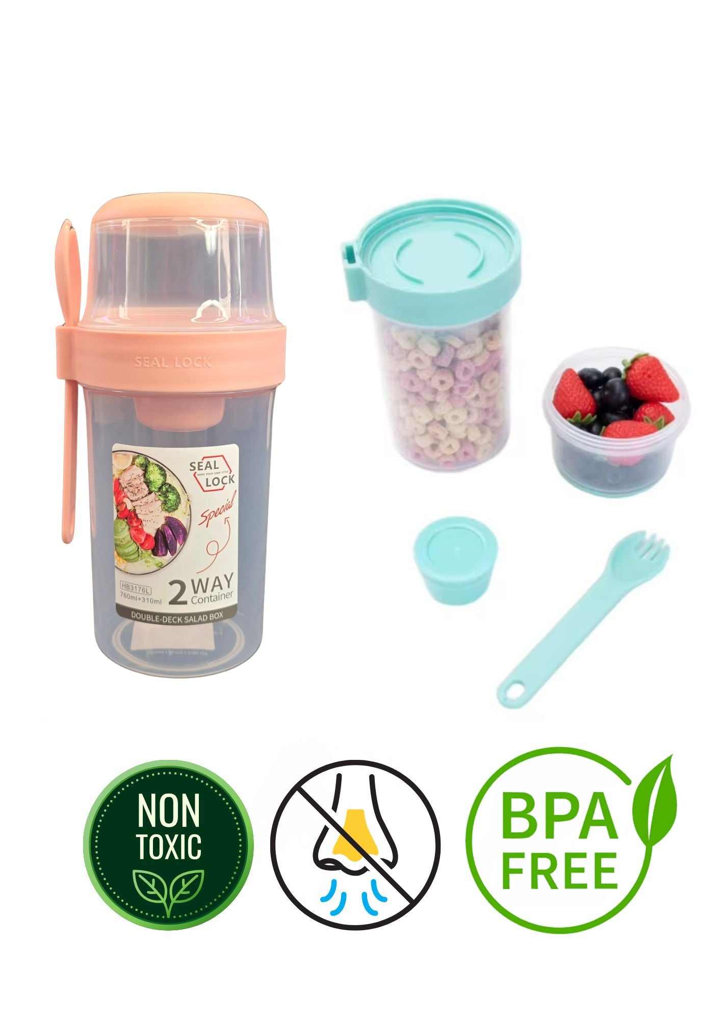 Two-way salad and yogurt container showing separate compartments, dressing cup and fork