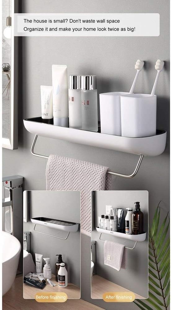 A wall-mounted bathroom shelf set shown installed in a real bathroom environment, with toiletries, toothbrushes, a towel, and inset before/after usage examples. The main product appears to be the white wall-mounted shelf and towel bar system.