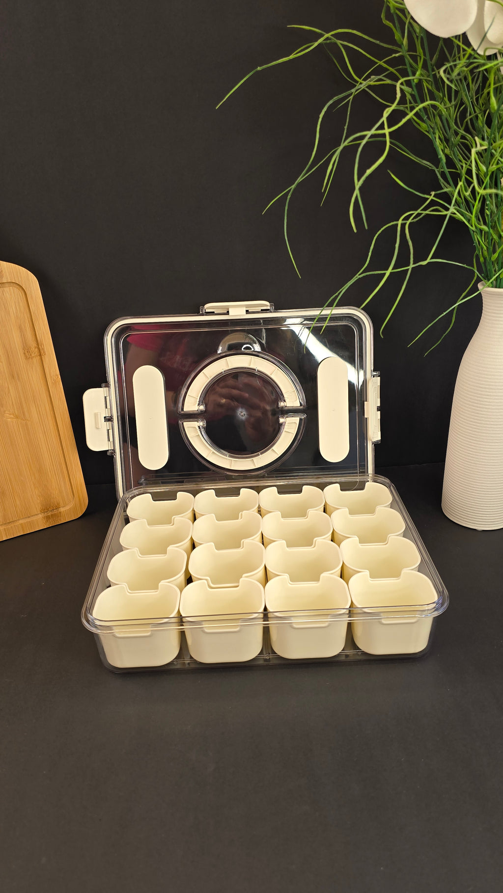 Open Beiryta snack organizer showing 16 removable serving compartments