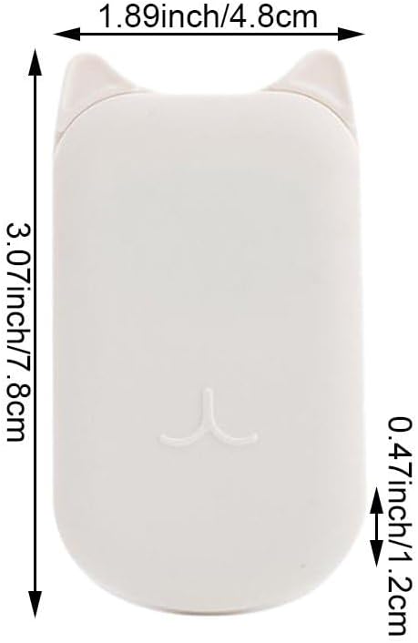 A white cat-shaped mouse or device with dimension arrows and measurements showing height, width, and depth on a plain white background.