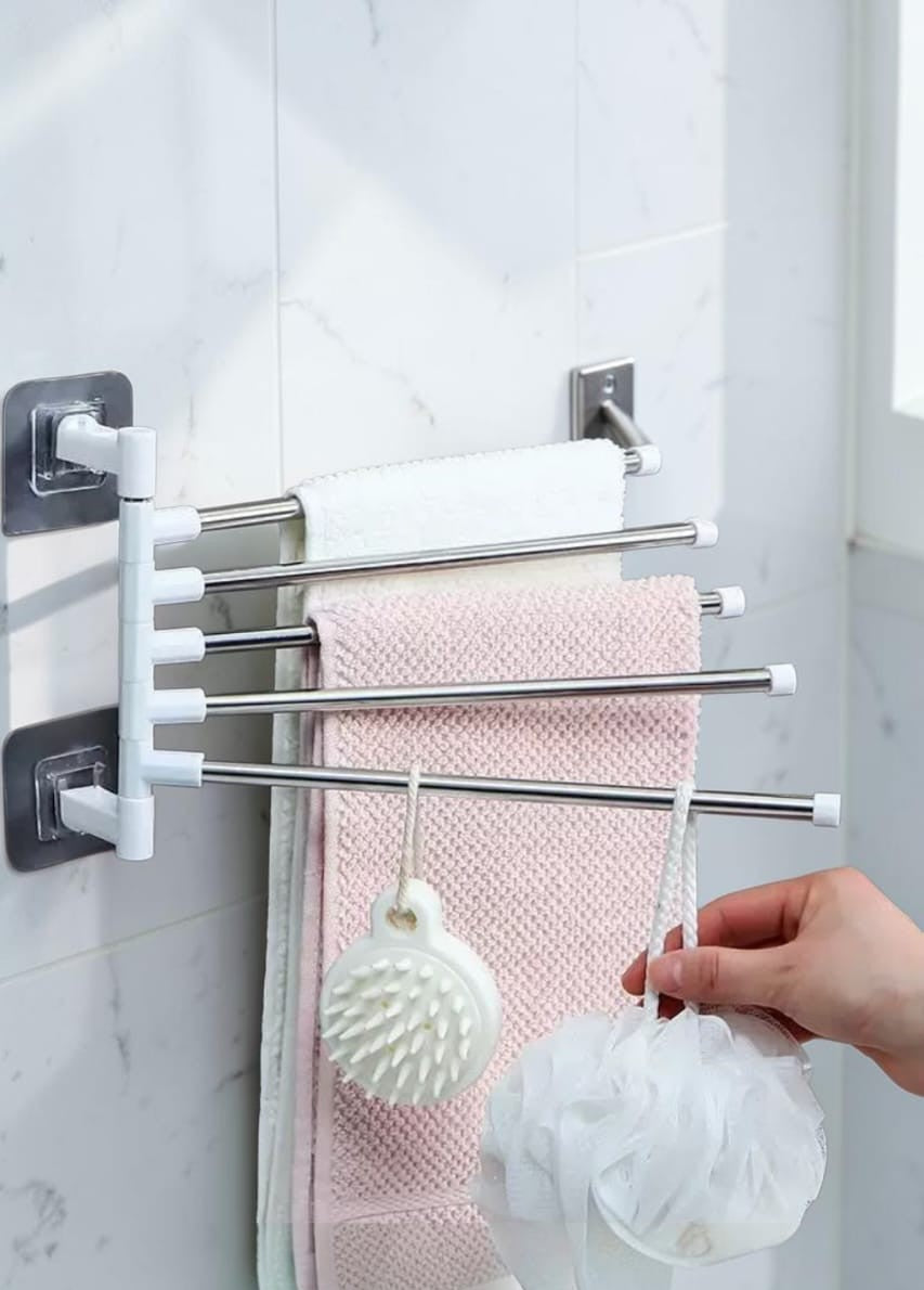 Reverse view of the four stainless-steel towel arms and white mounting rail