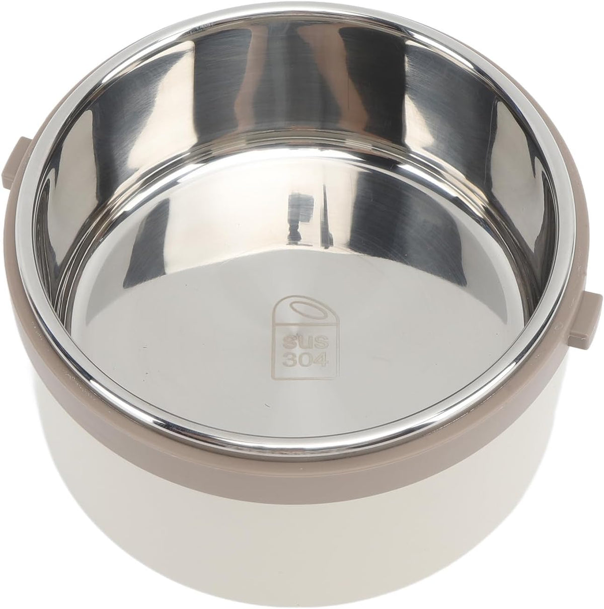 A stainless steel food bowl with a beige base and side tabs, featuring a 'sus 304' stamp on the bottom interior.
