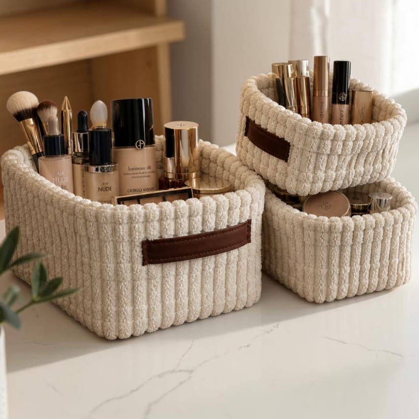 Cream fabric storage baskets organizing makeup and cosmetic products