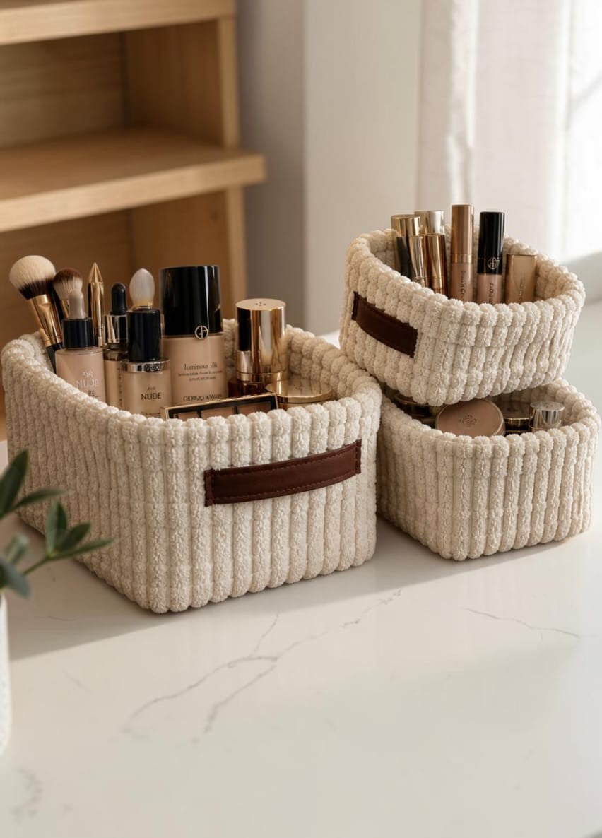Cream fabric storage baskets organizing makeup and cosmetic products
