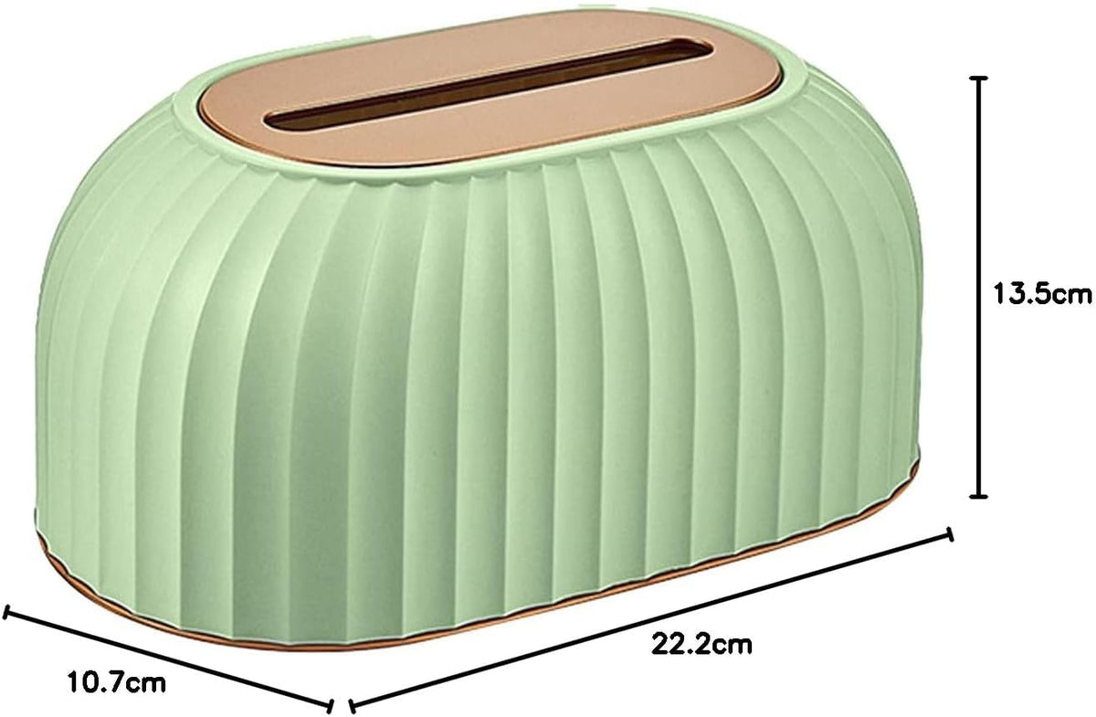 A ribbed mint green tissue box cover or small storage box with a tan top slot, shown with dimension labels 13.5cm height, 22.