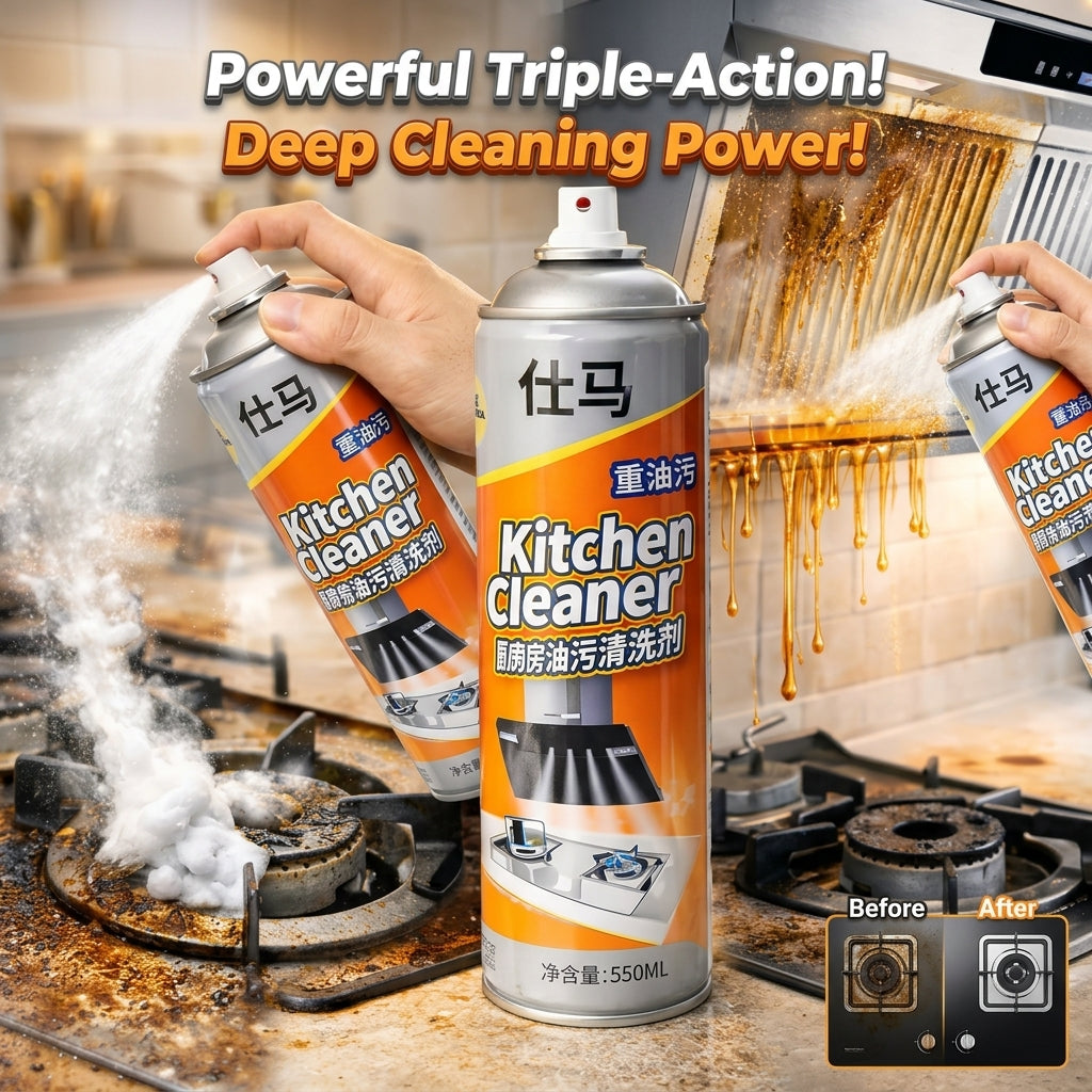 A can of Kitchen Cleaner spray shown prominently in the center, with two hands holding matching cans in a kitchen setting. The cans are silver with orange and white labels, and the background shows a dirty stove and burnt food residue being sprayed clean.