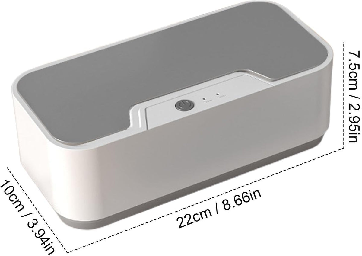A rectangular white and gray electronic device shown on a white background with dimension labels and dashed measurement lines indicating 22 cm length, 10 cm width, and 7.5 cm height.