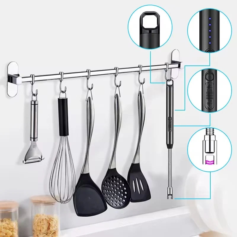 A wall-mounted stainless steel kitchen utensil rack with several hanging cookware tools, plus three circular callout insets showing close-up features of the rack and hanging hook.