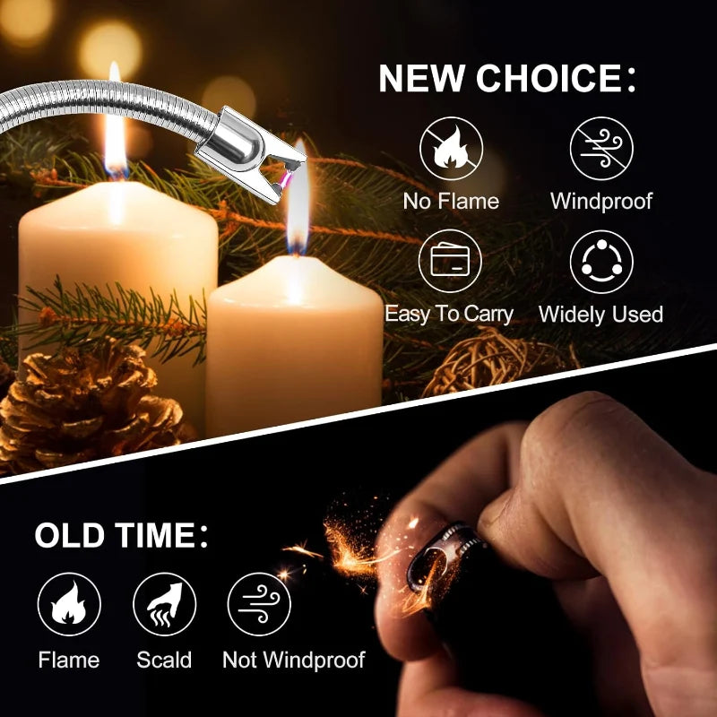Comparison of a modern lighter with flameless candles and traditional matches, highlighting features like no flame, windproof, and ease of use.