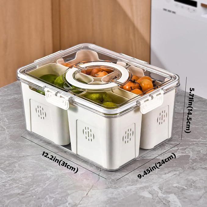 Beiryta vacuum food storage container organizing fruits and vegetables inside a refrigerator.