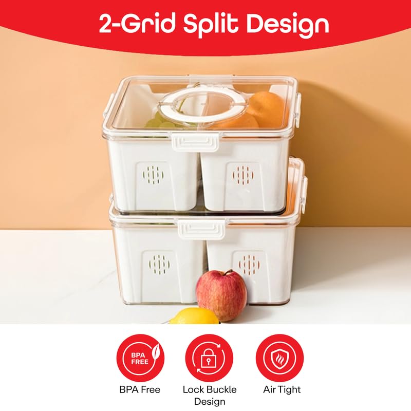 Two stacked white plastic food storage containers with clear lids and a 2-grid split design, shown on a white surface against a peach background. A red banner at the top reads '2-Grid Split Design,' and three red circular icons at the bottom highlight BPA Free, lock buckle design, and air tight features.