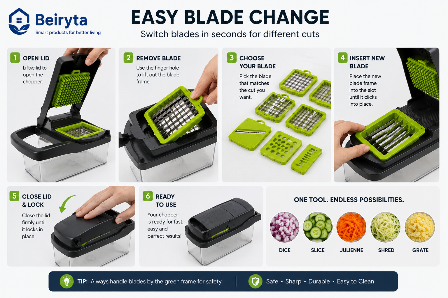 Changing interchangeable blades on the Beiryta 12-in-1 Vegetable Chopper for different cutting styles.