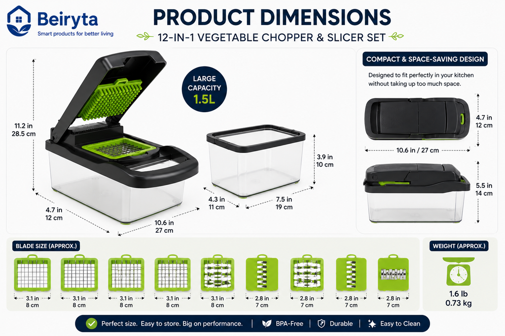 Dimensions and size specifications of the Beiryta 12-in-1 Vegetable Chopper.