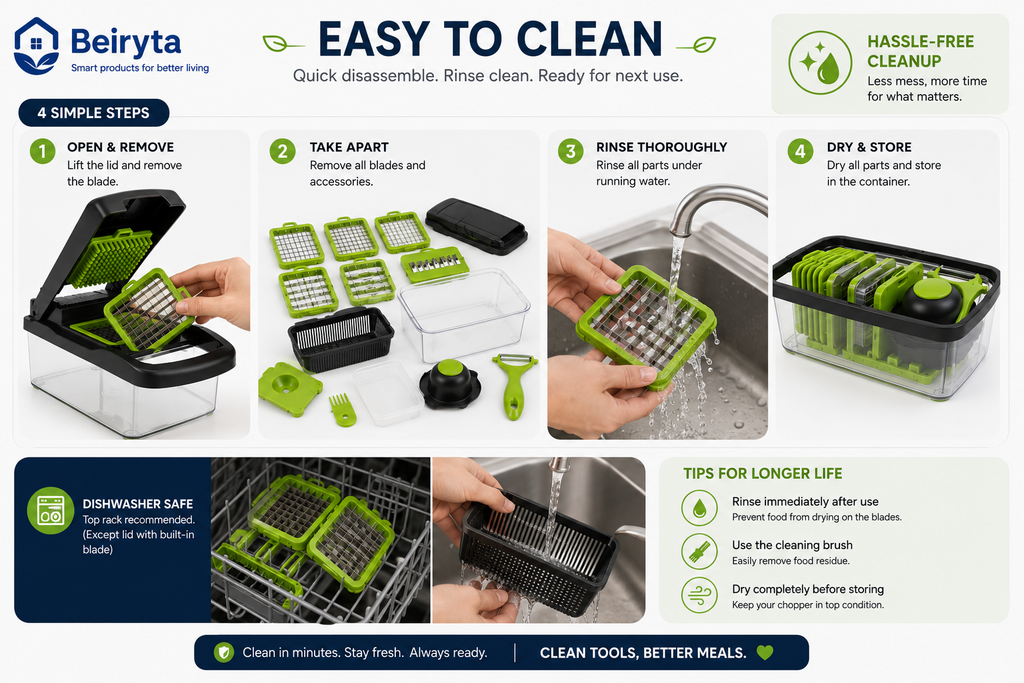 Easy-to-clean detachable parts of the Beiryta 12-in-1 Vegetable Chopper.