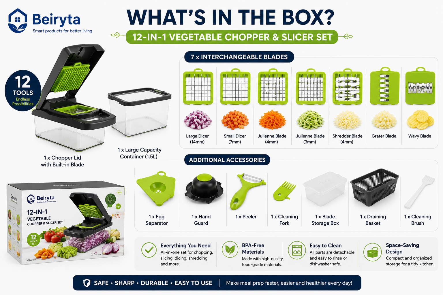 Everything included in the Beiryta 12-in-1 Vegetable Chopper package with blades and accessories.