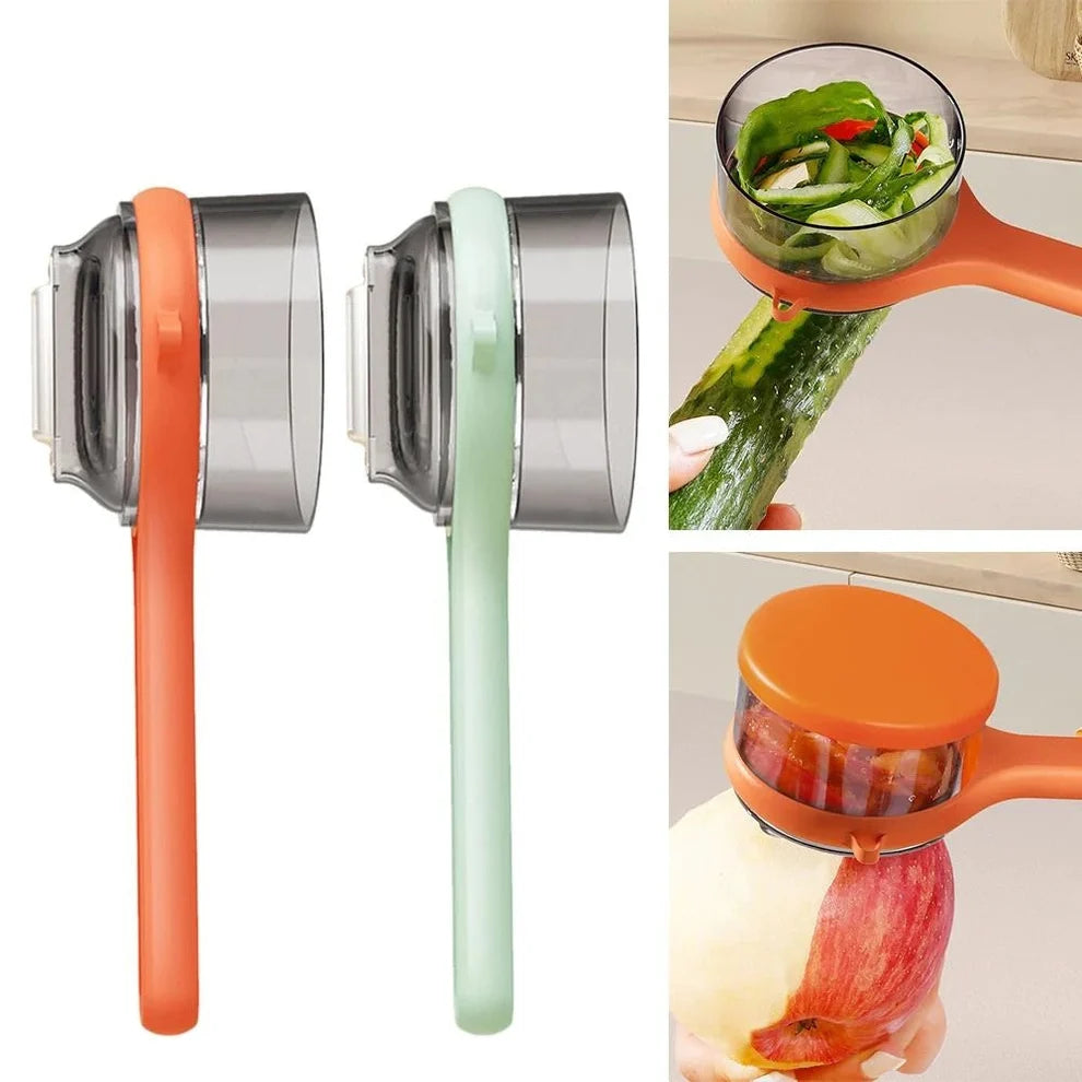 Beiryta vegetable peeler with its collector cover removed to show the metal peeling blade peeling cucumber and apples