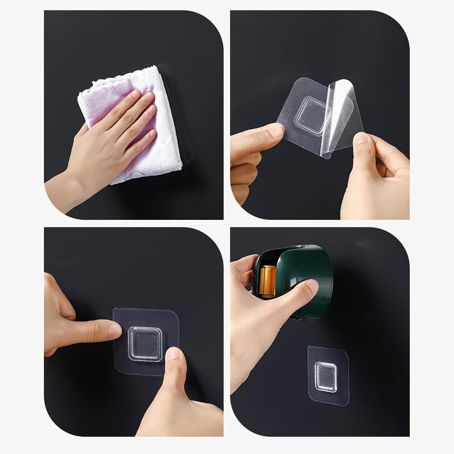 Four-panel demonstration showing hands using a small clear square adhesive hook or pad: wiping a black surface with a cloth, peeling the backing from one piece, pressing another piece onto the surface, and holding a dark green container attached to the hook.