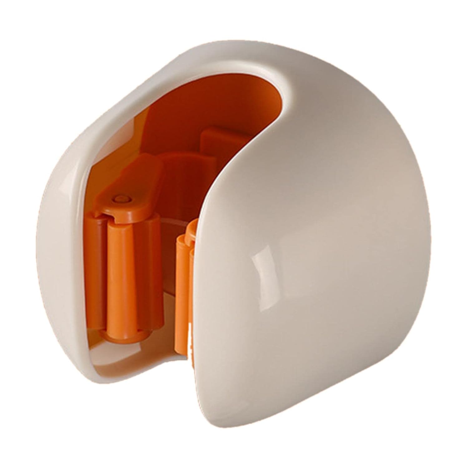 A glossy off-white plastic container with a hinged lid, shown open to reveal bright orange interior components, isolated on a white background.