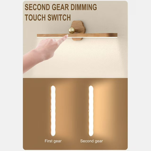 A product demonstration graphic for a wall-mounted LED light dimmer switch. The top half shows a hand touching a wooden switch arm with a brass knob, with text reading 'SECOND GEAR DIMMING TOUCH SWITCH.