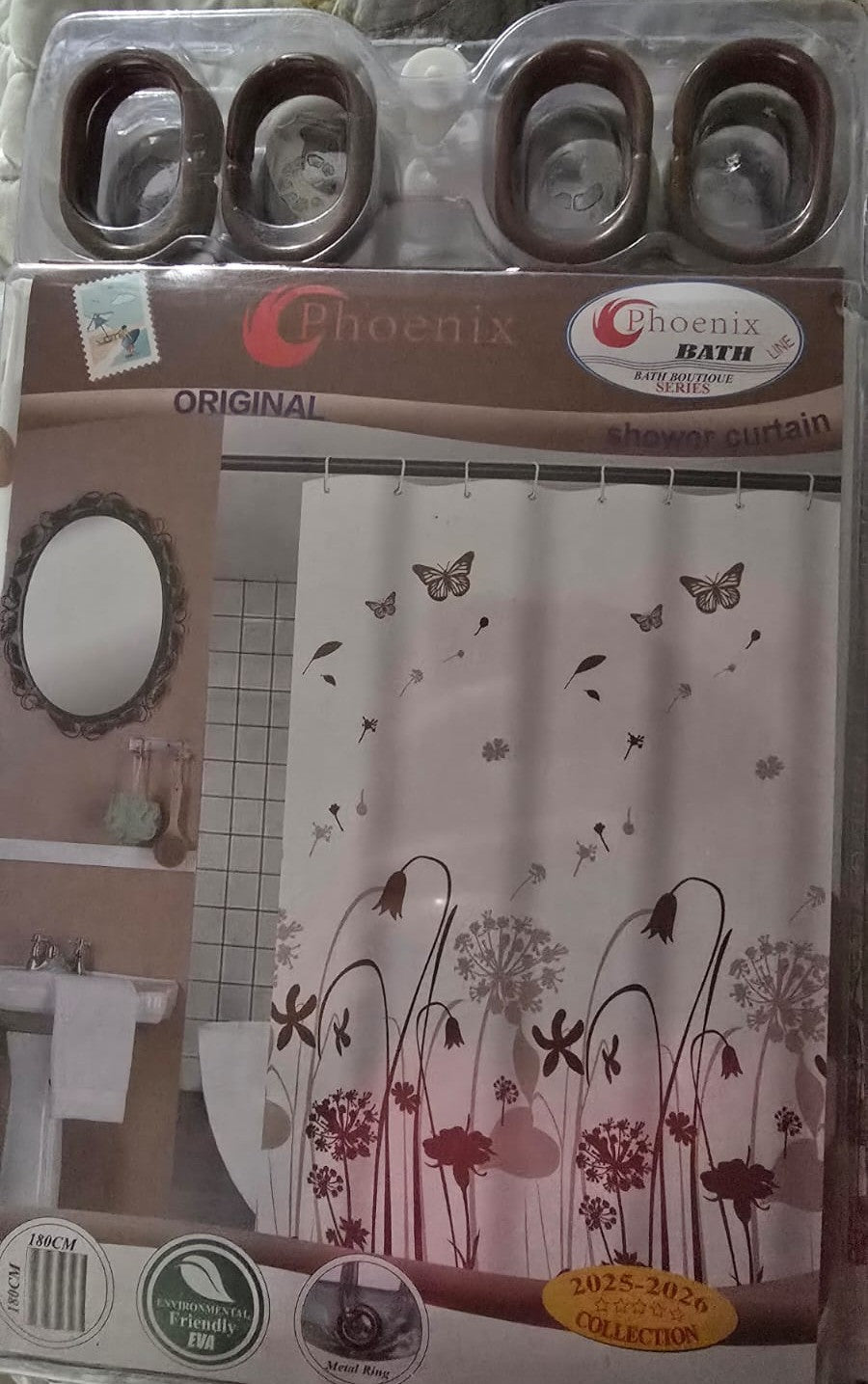 Phoenix 180 × 180 cm EVA Shower Curtain with Metal Rings