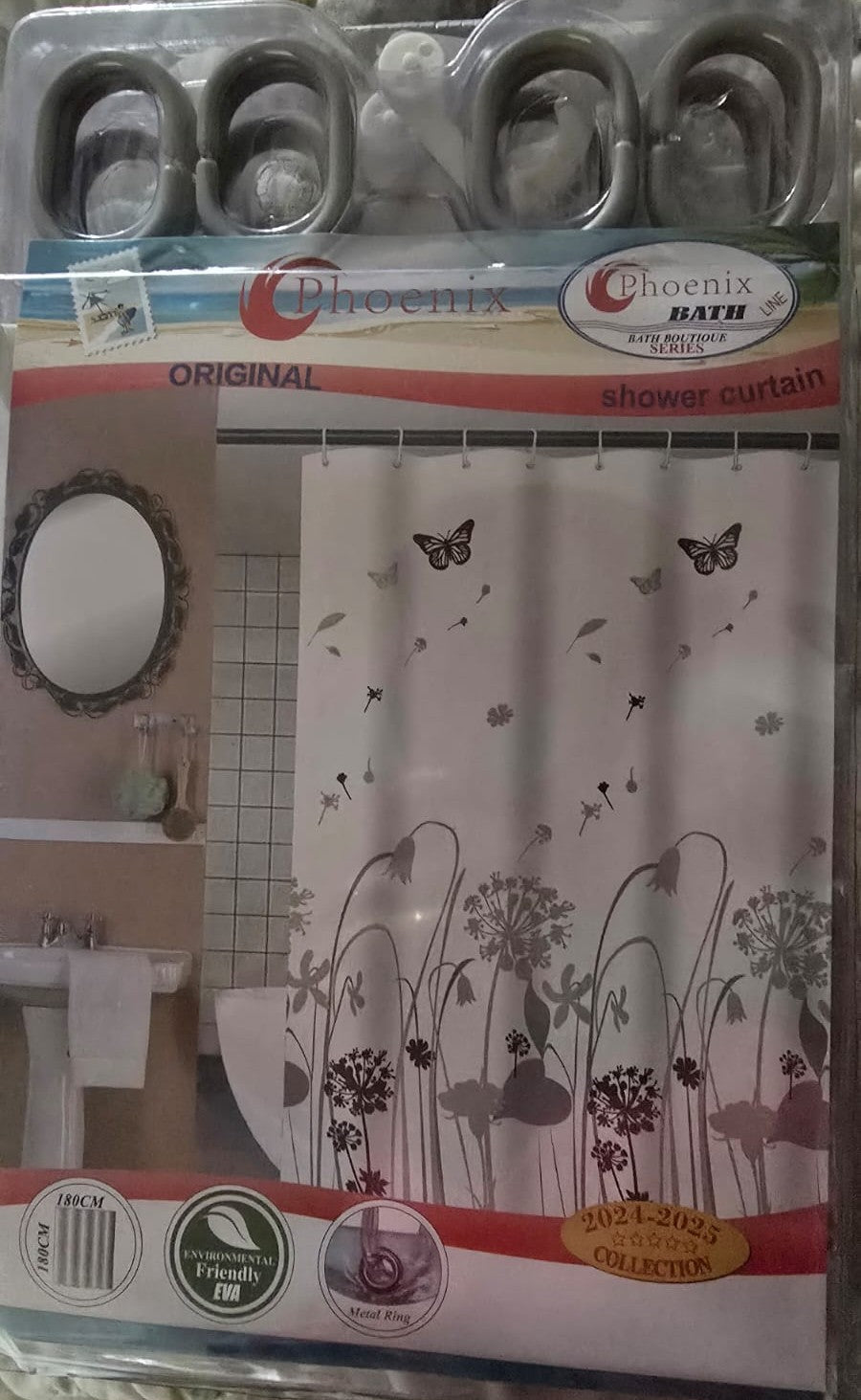 Phoenix 180 × 180 cm EVA Shower Curtain with Metal Rings
