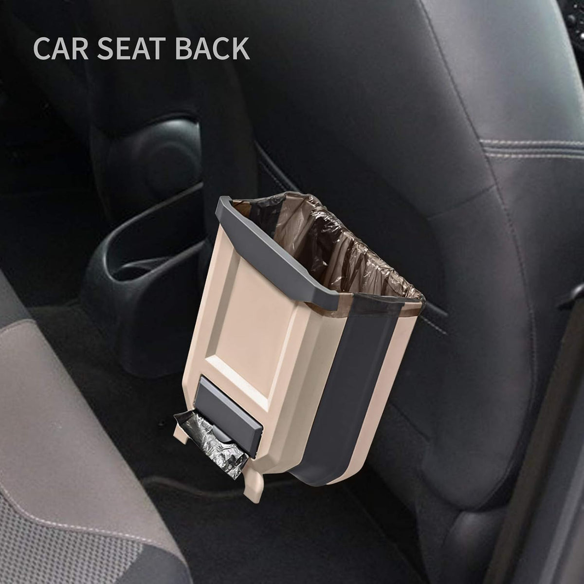 A beige and dark gray car seat back trash can with a brown liner, mounted on a car seat. The text 'CAR SEAT BACK' is visible in the top left corner.