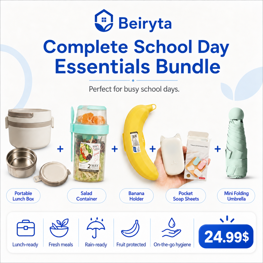 Beiryta Complete School Day Essentials Bundle promotional graphic showing multiple included items: a portable lunch box, salad container, banana holder, pocket soap sheets, and mini folding umbrella, with icons and text describing features and a $24.99 price.
