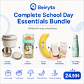 Beiryta Complete School Day Essentials Bundle promotional graphic showing multiple included items: a portable lunch box, salad container, banana holder, pocket soap sheets, and mini folding umbrella, with icons and text describing features and a $24.99 price.