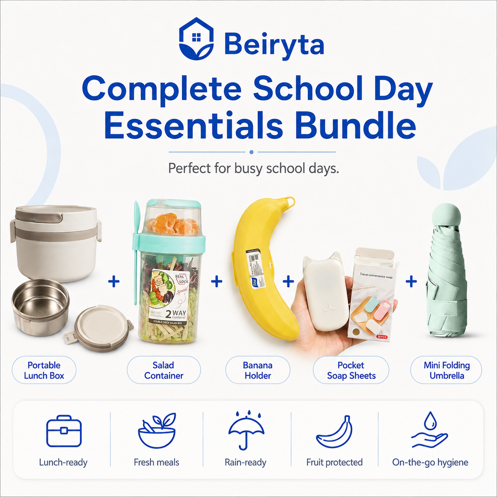 Beiryta Complete School Day Essentials Bundle promotional graphic showing multiple included items: a portable lunch box, salad container, banana holder, pocket soap sheets, and mini folding umbrella, with icons and text listing features like lunch-ready, fresh meals, rain-ready, fruit protected, and on-the-go hygiene.