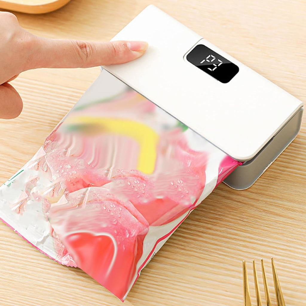 A hand is pressing down on the white lid of a vacuum sealer device, which is sealing a clear plastic bag containing pink and yellow food, on a light wood tabletop.