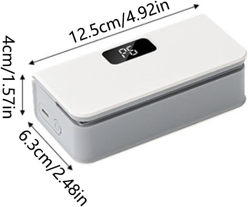 A rectangular portable power bank with a white top lid and gray body, shown with dimension arrows and labels indicating 12.5 cm by 6.