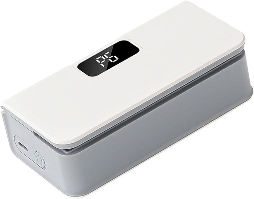 A rectangular portable power bank with a white top lid featuring a digital battery percentage display and a gray body, shown on a plain white background.
