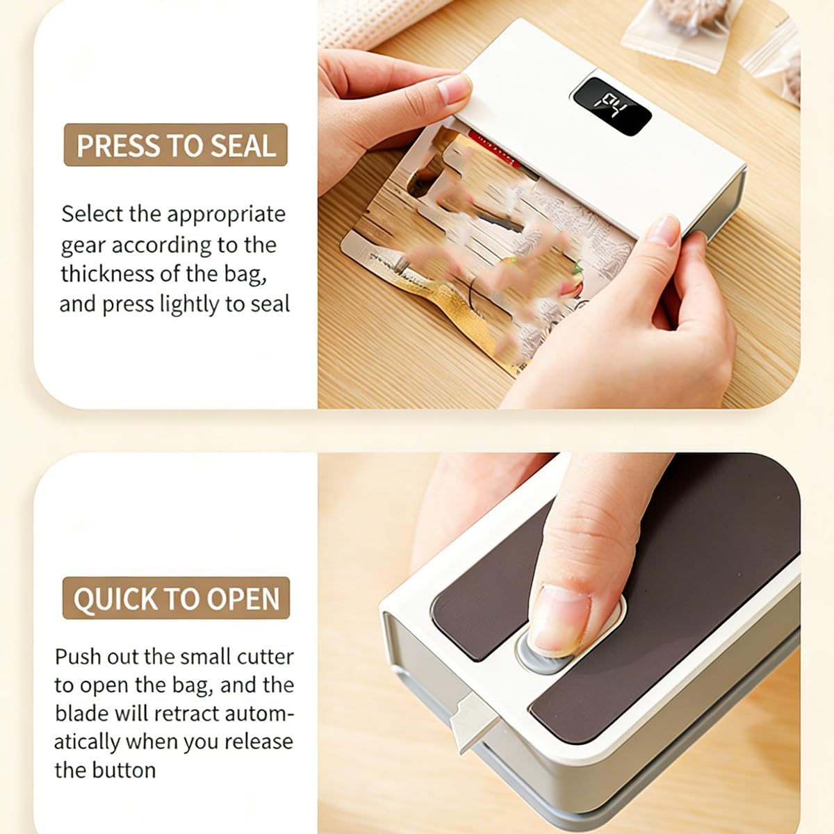 A two-panel instructional graphic showing a small white and dark gray bag sealer in use. The top panel shows hands pressing down on the sealer to close a bag, with text reading 'PRESS TO SEAL.