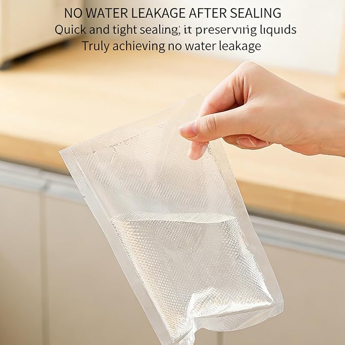 A hand holds a clear, sealed vacuum pouch containing a white textured insert, with text at the top claiming no water leakage after sealing. The background shows a softly blurred kitchen countertop and cabinets.