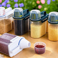 Dry food storage dispensers filled with rice, beans, lentils and grains