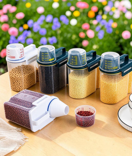 Dry food storage dispensers filled with rice, beans, lentils and grains