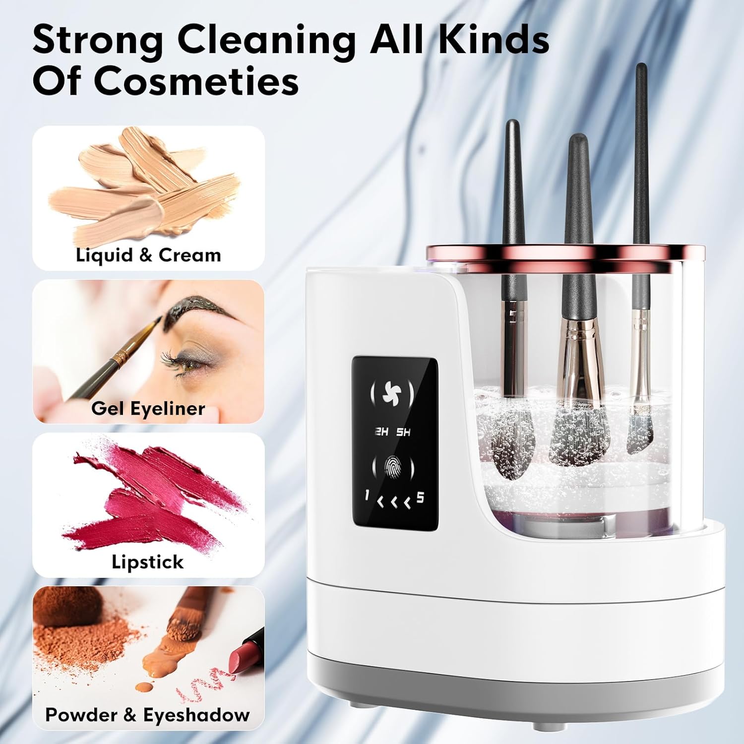 Beiryta electric makeup brush cleaner suitable for cleaning makeup brushes of different sizes and cosmetic products.