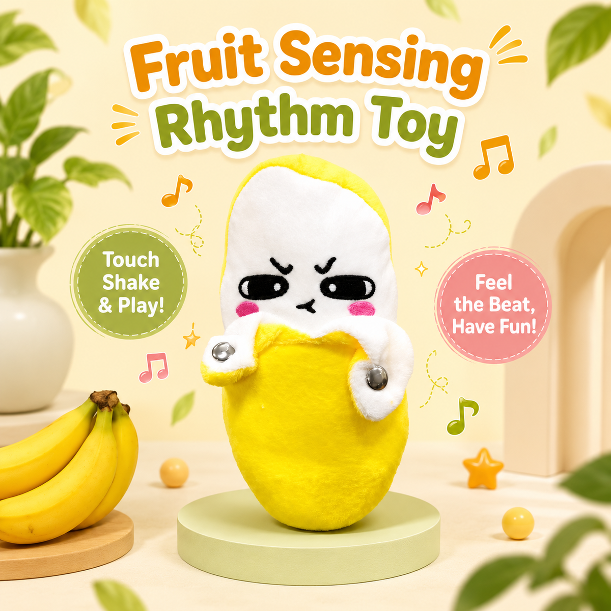 A plush fruit-themed rhythm toy shaped like a yellow banana character with a white face and pink cheeks, standing on a round pedestal. The scene includes large text reading 'Fruit Sensing Rhythm Toy,' callout bubbles about touching and playing, decorative leaves, stars, and bananas in a styled indoor setup.