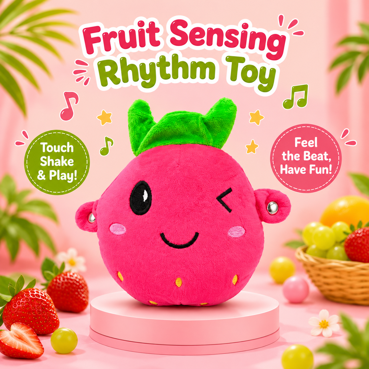 A pink strawberry-shaped plush toy sits on a pink pedestal in a colorful styled scene with strawberries, grapes, leaves, and text reading 'Fruit Sensing Rhythm Toy' and 'Touch Shake & Play! Feel the Beat, Have Fun!'.