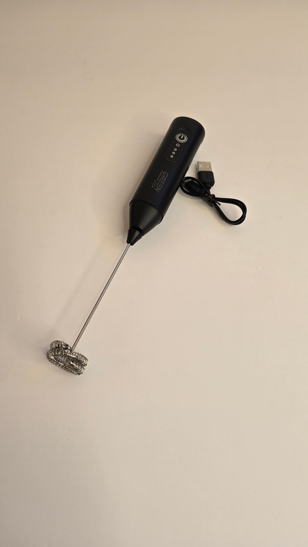 Black GreenLyca handheld milk frother with stainless-steel whisk and USB charging cable