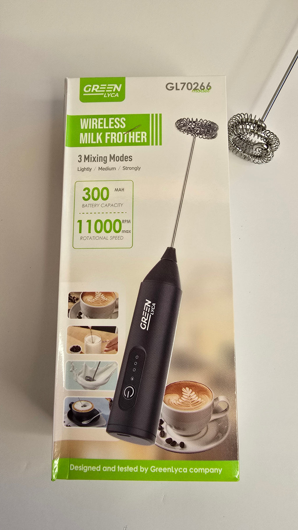 GreenLyca GL70266 wireless milk frother packaging showing three mixing modes