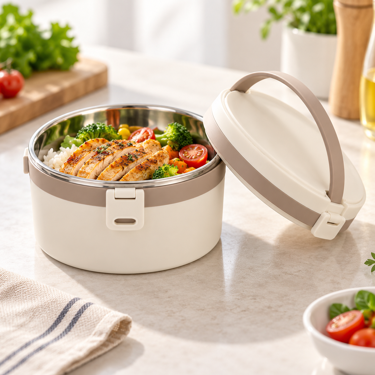A cream-colored insulated lunch box with a matching lid handle, shown open on a kitchen counter with a meal inside. The box has a stainless steel inner bowl with sliced grilled chicken, broccoli, rice, and cherry tomatoes.