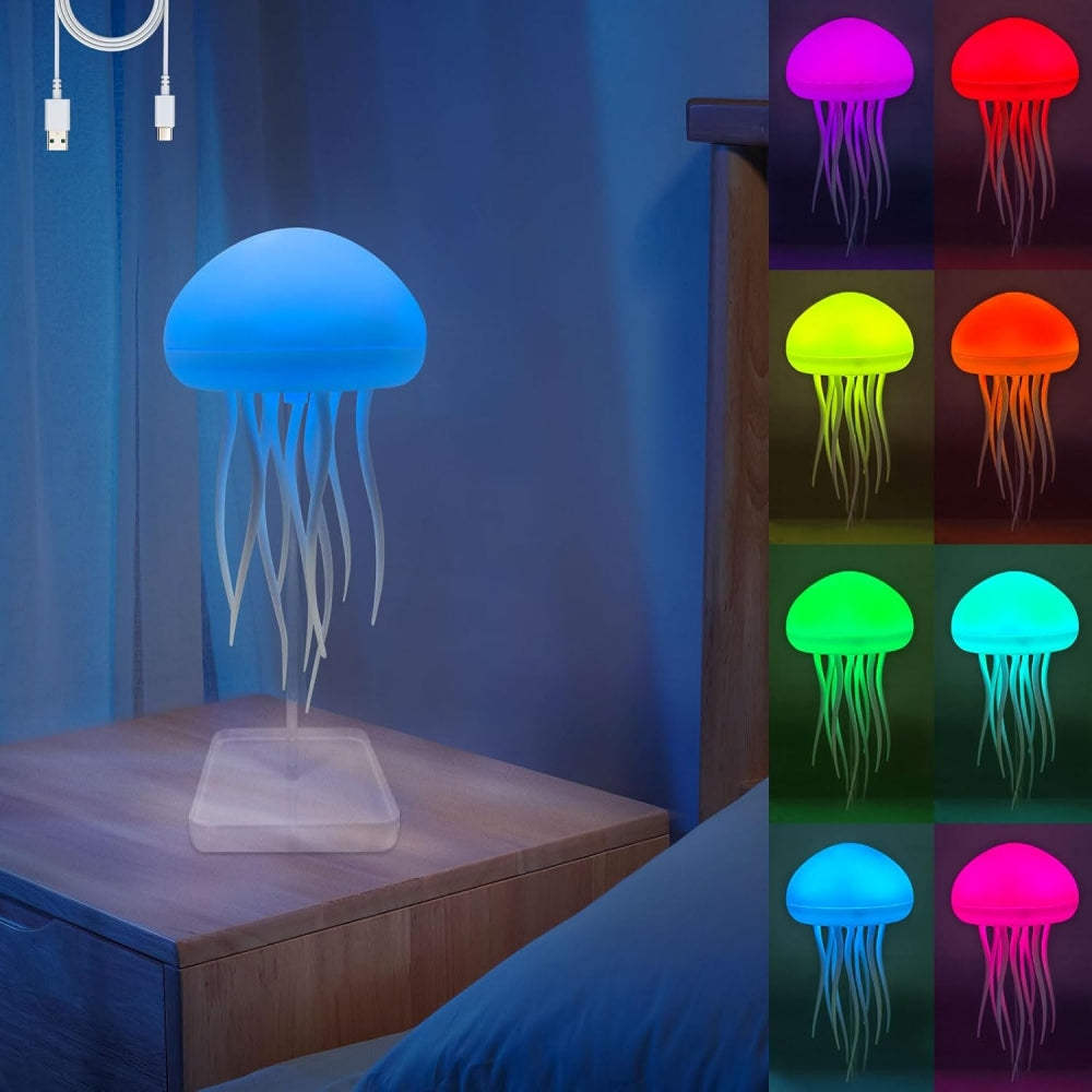 Jellyfish-shaped night light on a table with color-changing options displayed.