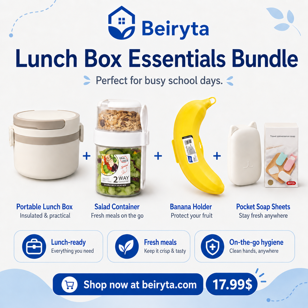 Beiryta Lunch Box Essentials Bundle promotional graphic showing multiple included items: an insulated portable lunch box, a salad container with granola and fruit, a banana holder, and pocket soap sheets, with text callouts and pricing on a light blue background.