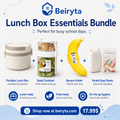 Beiryta Lunch Box Essentials Bundle promotional graphic showing multiple included items: an insulated portable lunch box, a salad container with granola and fruit, a banana holder, and pocket soap sheets, with text callouts and pricing on a light blue background.