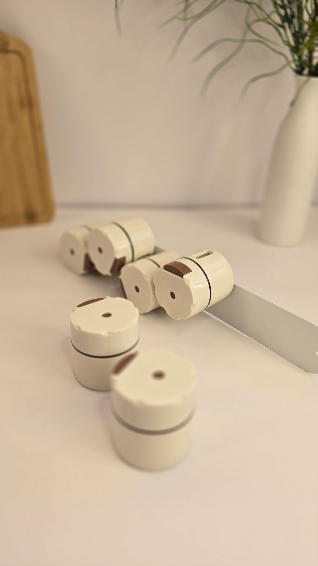 Magnetic spice containers displayed beside the wall-mounting strip