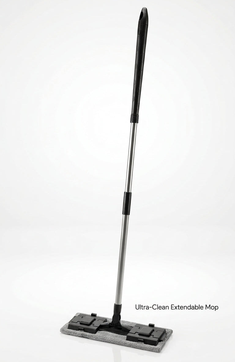 An ultra-clean extendable mop with a black and silver handle and a gray rectangular cleaning pad, shown on a white background with text reading 'Ultra-Clean Extendable Mop'.