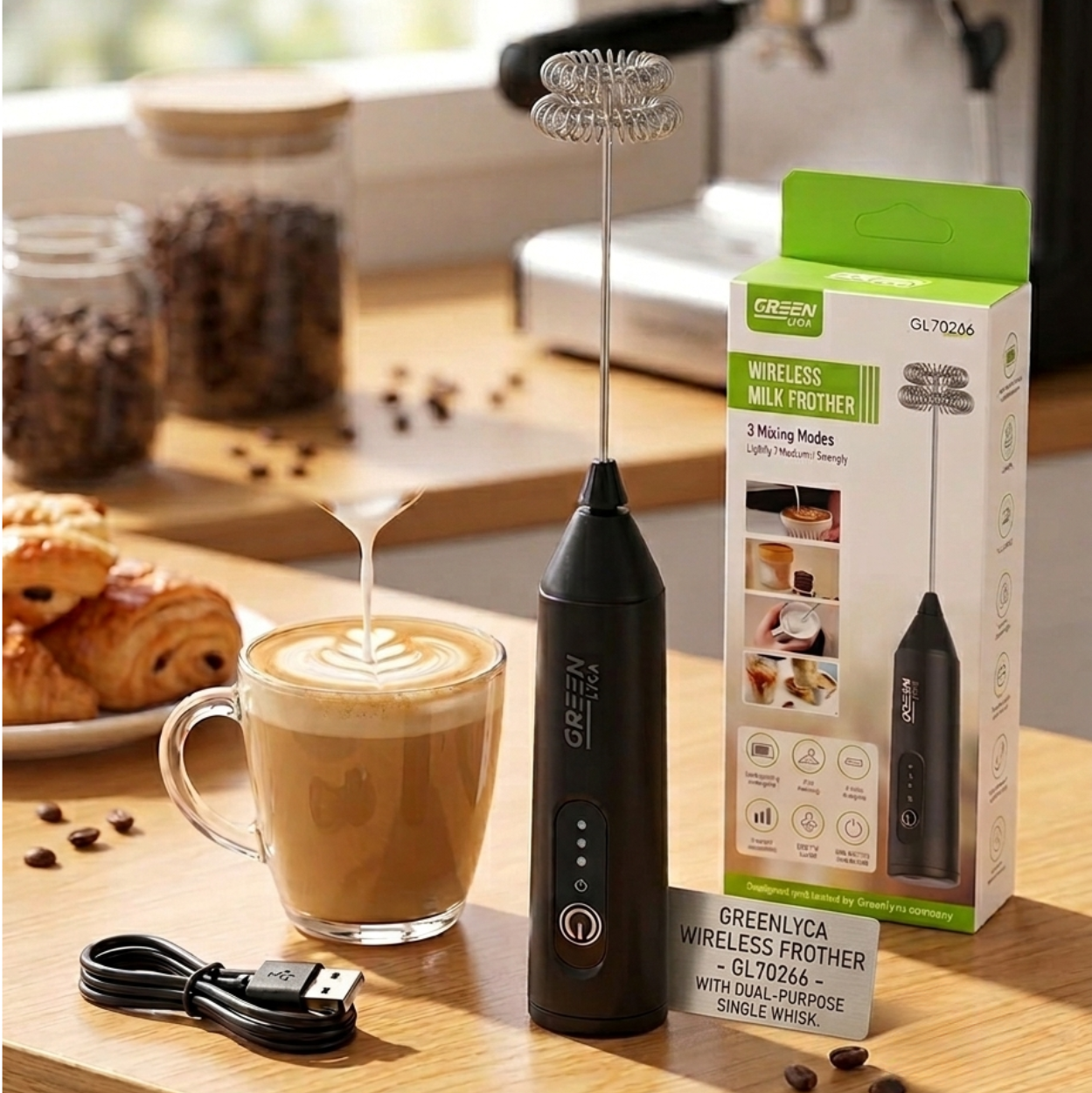 A Greenvyca wireless milk frother in black is shown standing on a wooden countertop beside its retail box, a USB charging cable, and a latte with foam being poured into the cup. The background includes a blurred kitchen scene with coffee beans and a coffee machine.